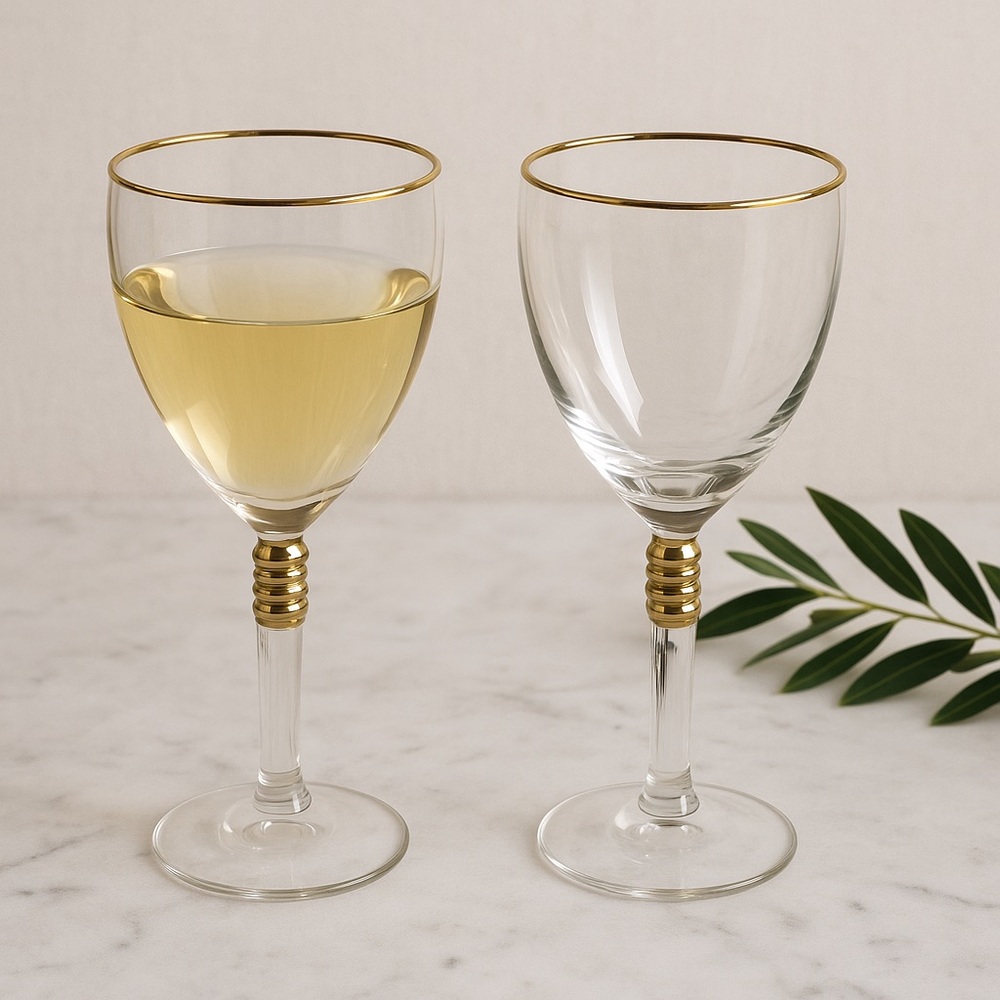 Vintage Gold Rim Wine Glasses Set of 2 | Elegant Mid Century Clear Glass Goblets